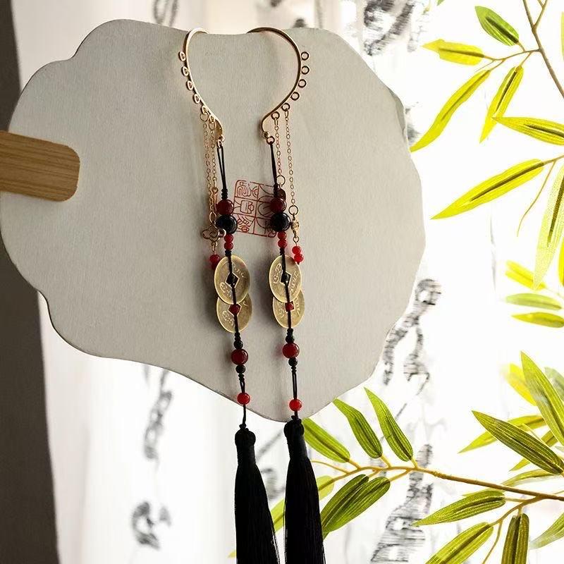 Mountain Ghost Flower Copper Coin Earrings with Tassels - Unisex Hanfu Style Ear Cuffs