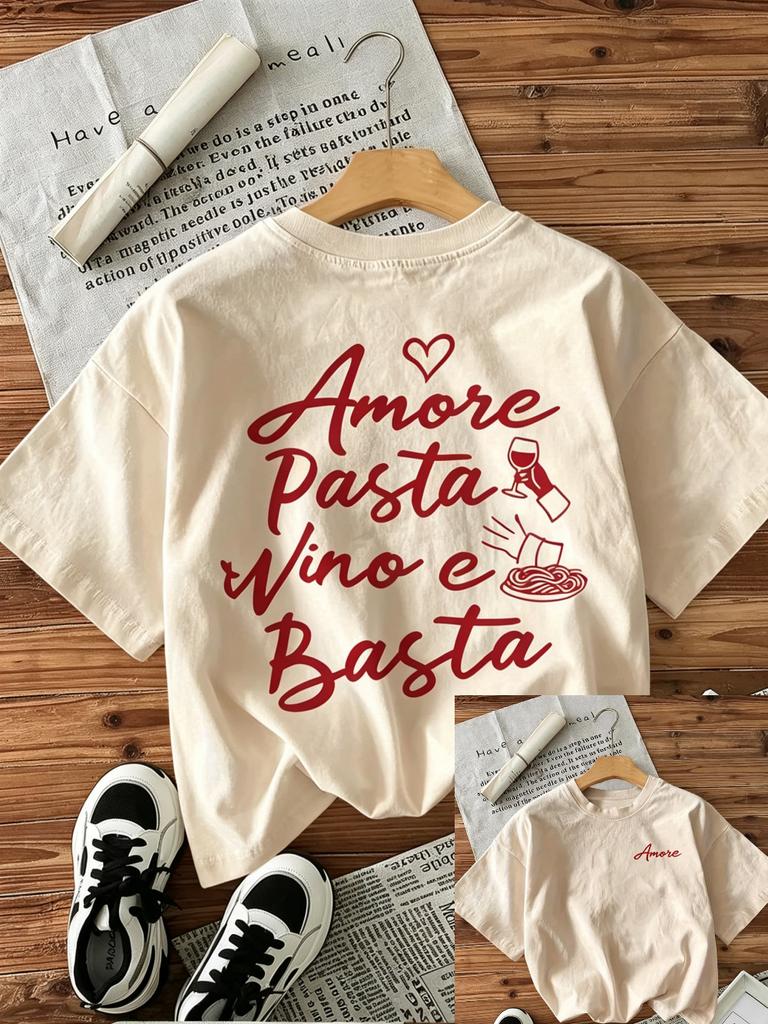 2026 Summer Loose Unisexs Casual Tshirt With Amore Pasta Vino E Basta Italian Food Print Short Sleeve Round Neck Unisexs Tops
