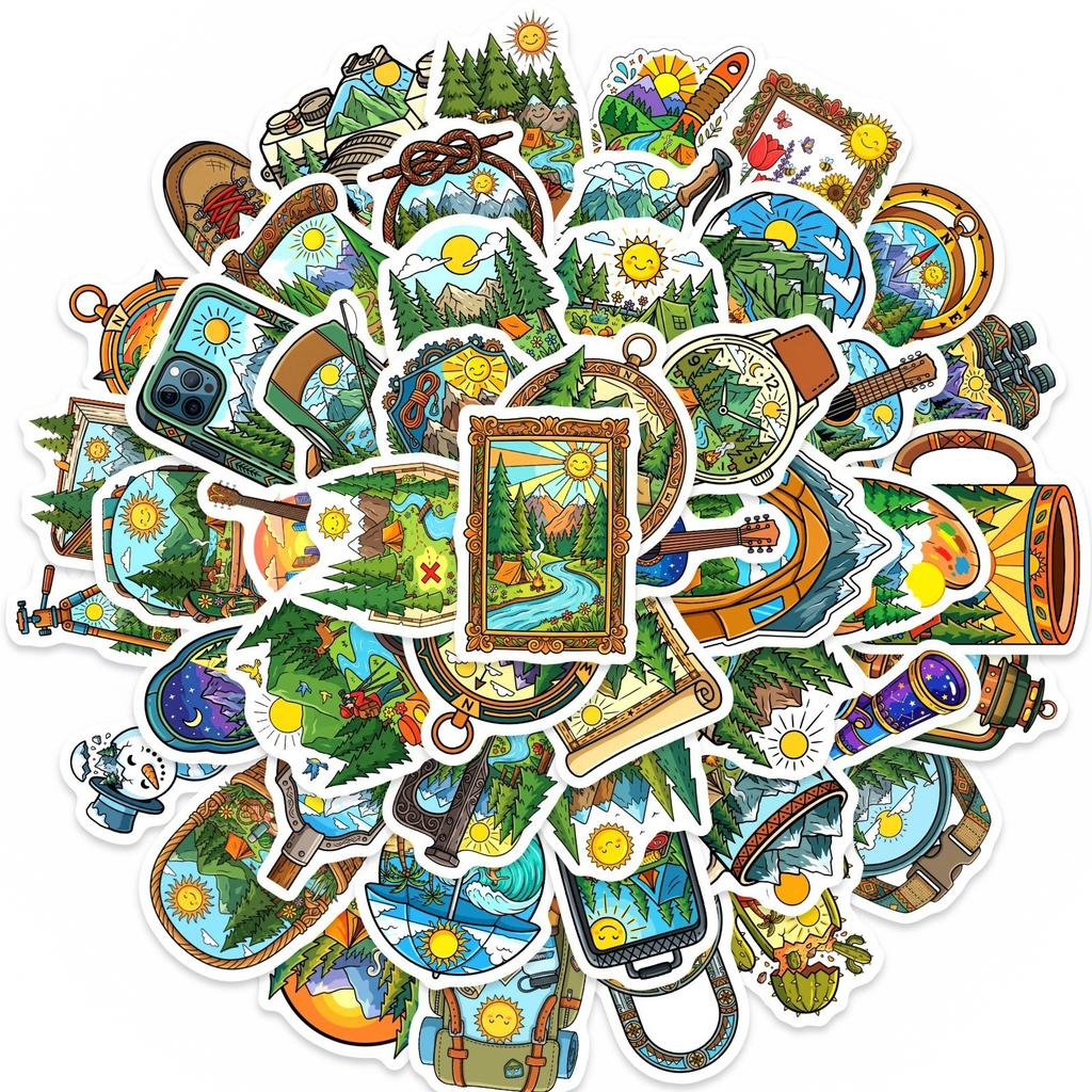 50 Outdoor Camping Adventure Stickers Mountain River Tent Campfire Tourism Scenic Container Material Stickers