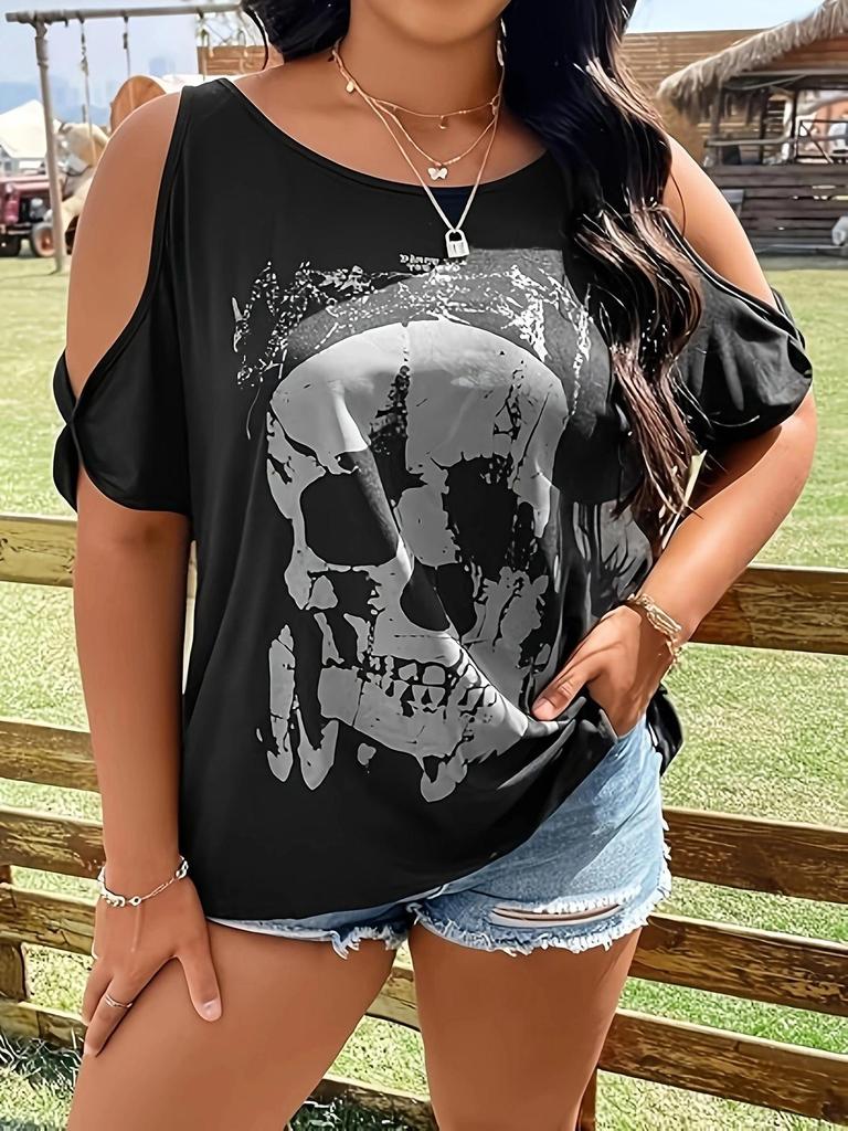 New Plus Size Gothic Skull 3D Print Casual Off-the-Shoulder Top