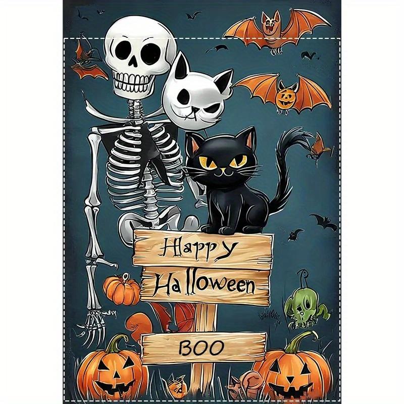 Halloween Garden Flag - Double Sided Polyester Decorative Flag with Skull, Ghost, Cat And Pumpkin Patterns, Washable, No Electricity Required, Multi-