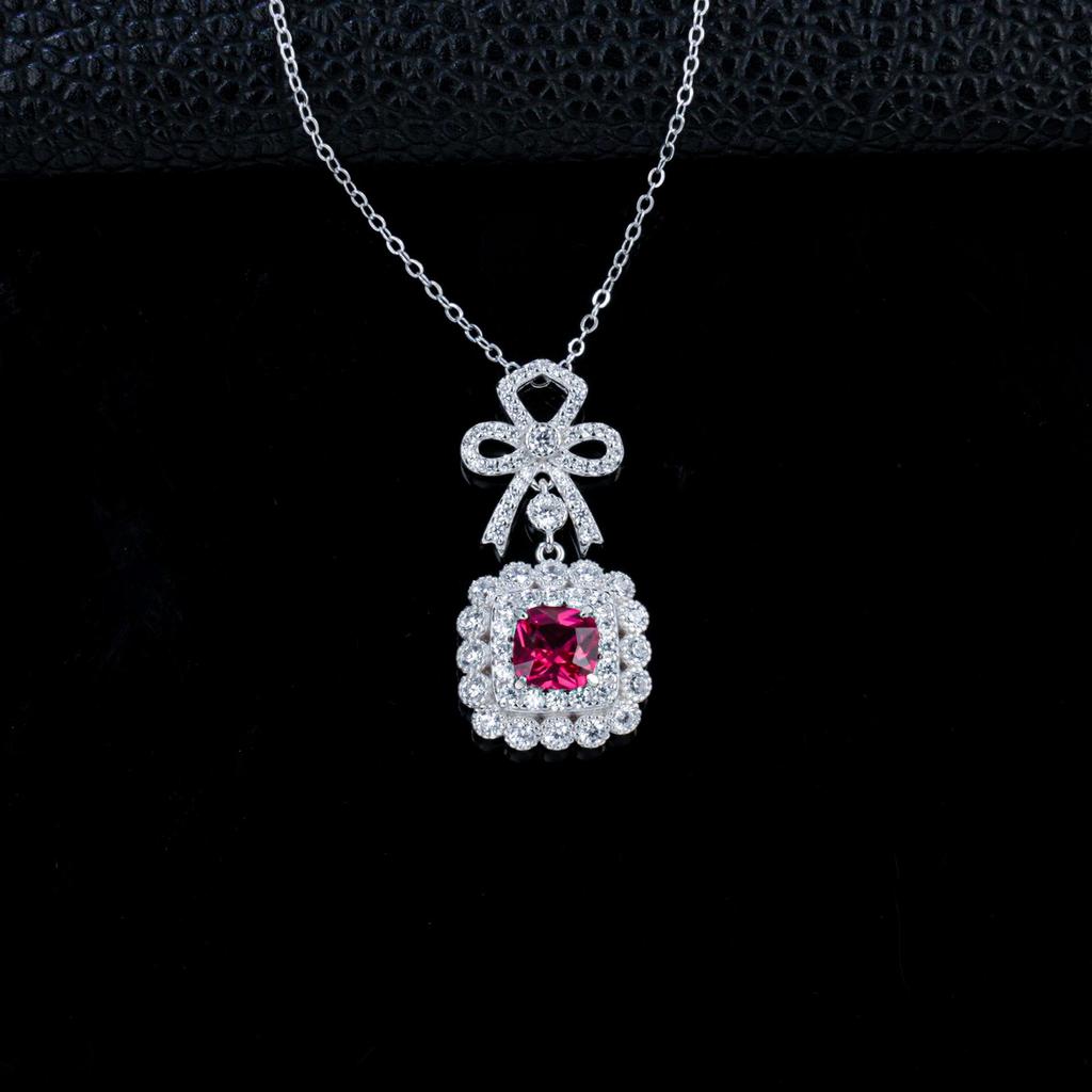 Zhou Hengfu Ruby Bowknot Pendant In S925 Sterling Silver White Gold Plated Light Luxury Necklace