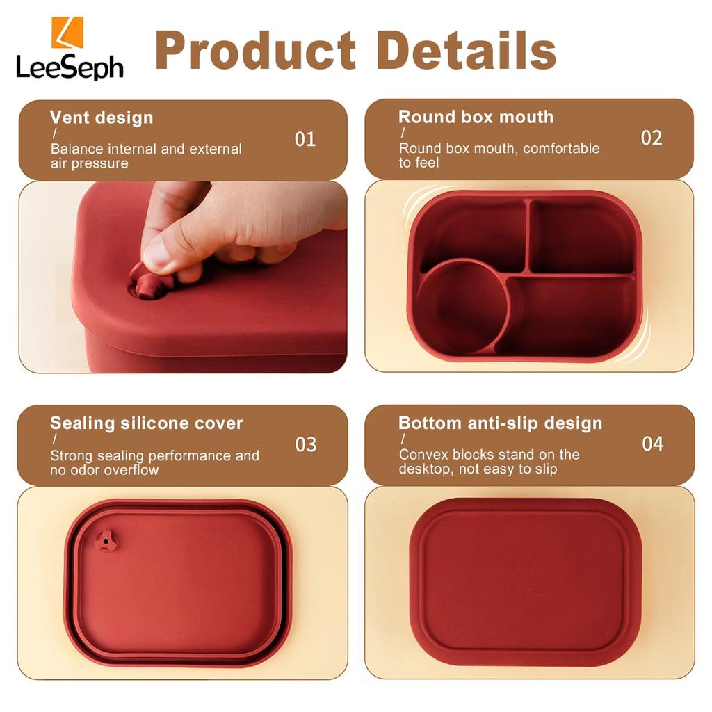 Leeseph Bento Box Lunch Box Portable Silicone lunch Box with 4 Compartment, Reusable Microwave Oven Heating Lunch Box, Best Gift