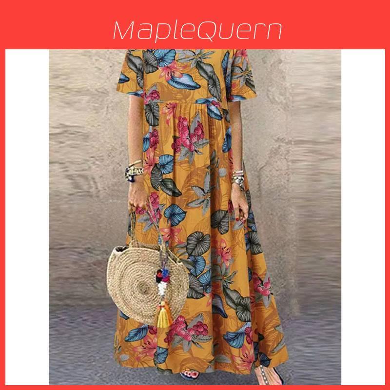 Vintage Floral Print Long Dress With Round Neck And Short Sleeves For Casual Summer Wear