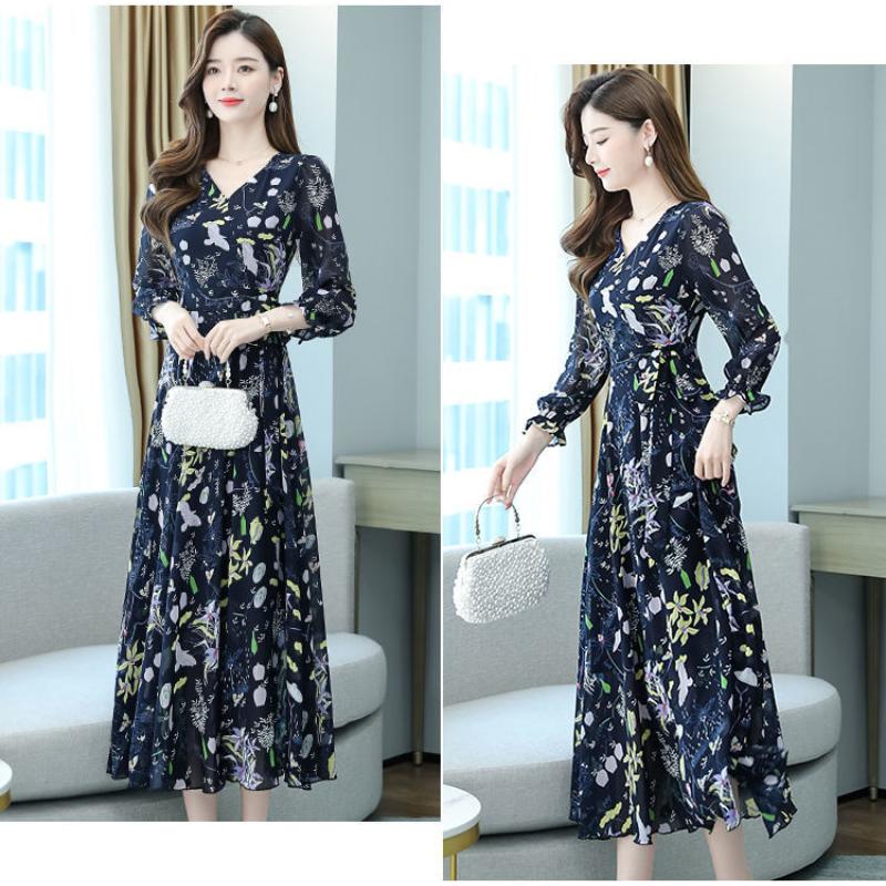 Elegant Floral Print Chiffon Dress Women's Spring Summer French Style V-neck Knee-length Fashionable Empire Waist Dresses