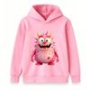 Kids Pink Fuzzy Monster Print Pullover Hoodie, Unisex Boys Girls Cute Cartoon Horned Monster Long Sleeve Casual Warm Hooded Sweatshirt for Daily Wear
