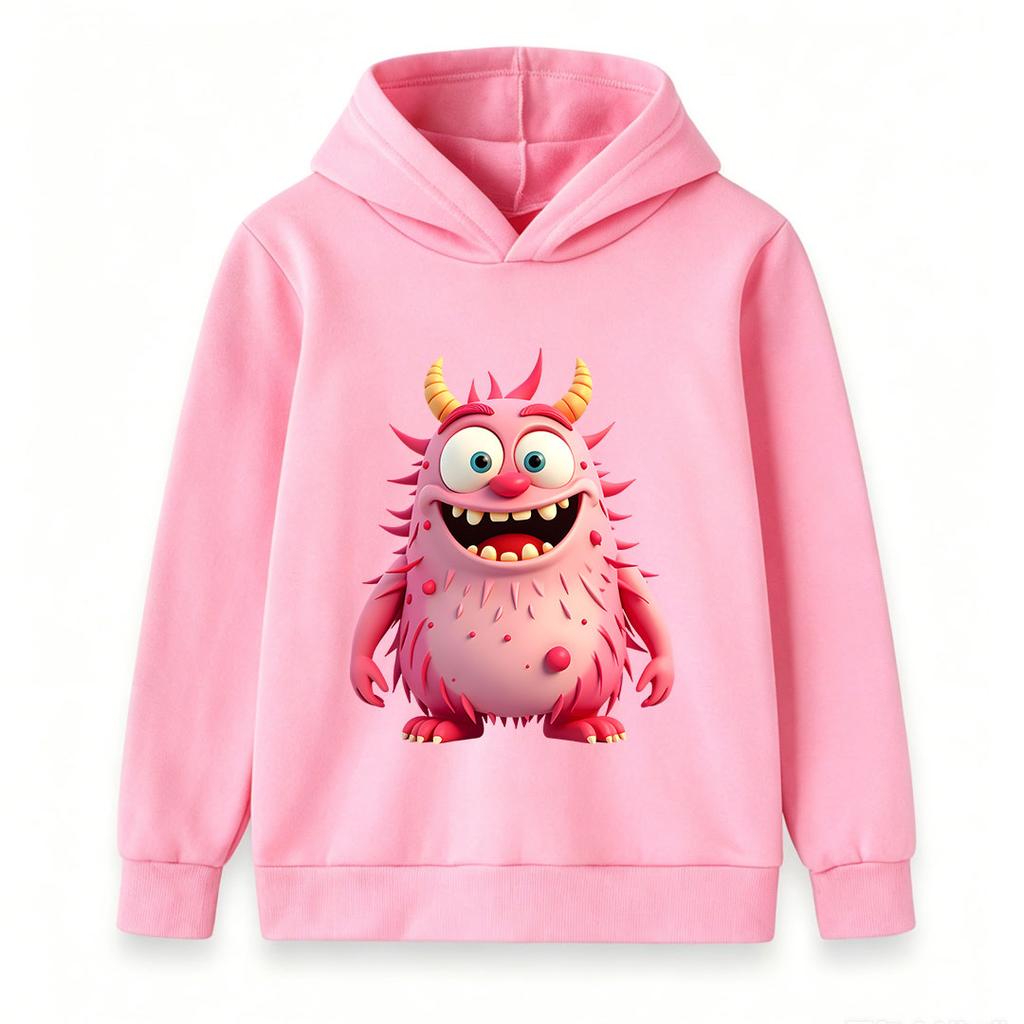 Kids Pink Fuzzy Monster Print Pullover Hoodie, Unisex Boys Girls Cute Cartoon Horned Monster Long Sleeve Casual Warm Hooded Sweatshirt for Daily Wear
