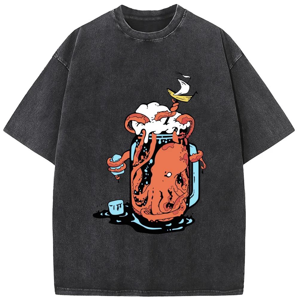 Cup and Octopus Printed Men's Short-Sleeved T-shirt Grams Of High-Quality Washed Old Tshirt Unisex Breathable Casual Tees