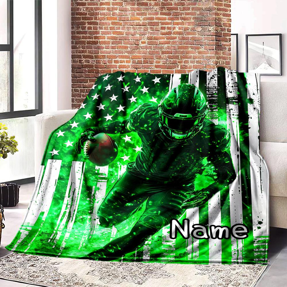 Football Player With Green Flag Personalized Blanket Home Customize Your Name Blankets Comfortable Soft Lightweight Allseason Multipurpose Blanket For