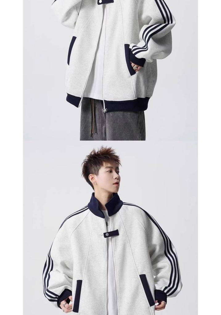Unisex American Color Block Striped Hoodie, Heavyweight Baseball Jacket-Style Cardigan for Spring/Autumn
