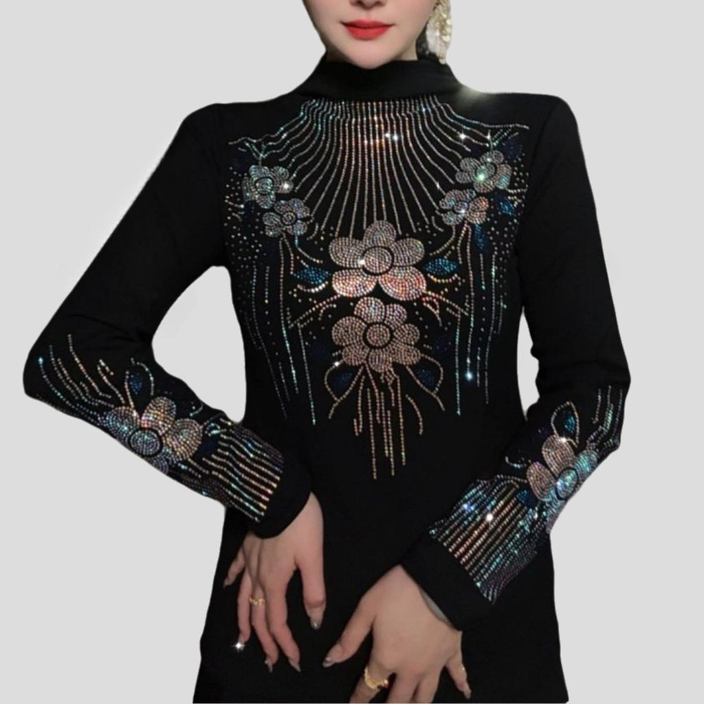 Women's Fleece-Lined Printed Base Shirt Autumn/Winter Soft Warm Slim-Fit Stretchy Rhinestone Base Shirt Top