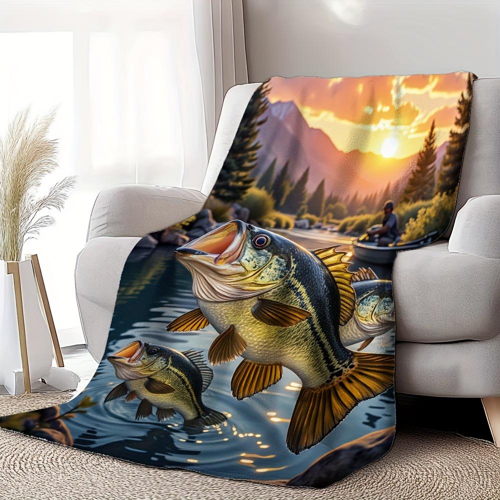 1pc Cozy Bass Frenzy Print Plush Throw Blanket - Soft, Warm Flannel for Sofa, Bed, Couch, Office, and Travel - Vintage Style wit