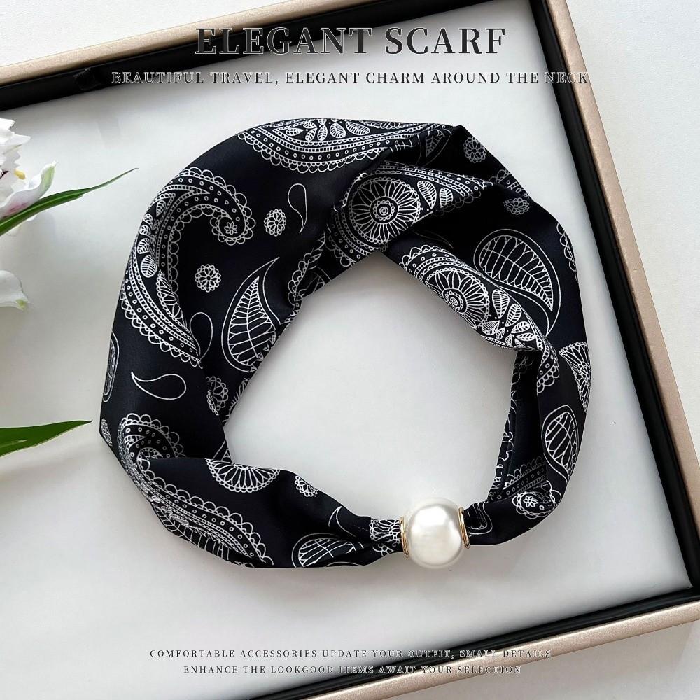 Thin Pearl Silk Scarf Magnetic Clasp Neck Wrap Fashion Neckerchief  for Women