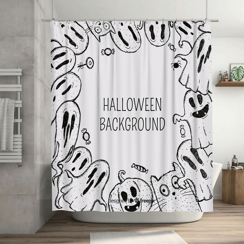 Halloween Ghosts Candy Printed Shower Curtain Black White Spooky Bath Decor for Kids Bathroom Party (180cm)