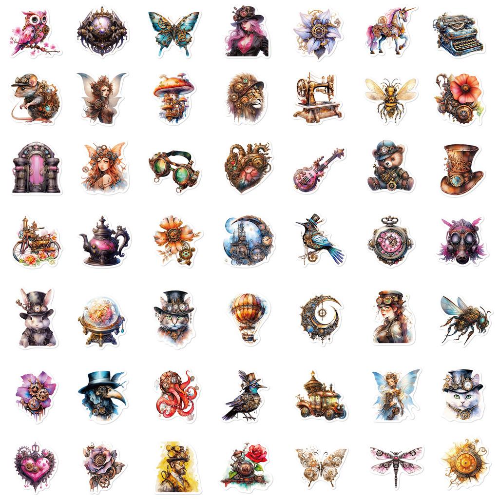 50-Piece Set No Duplicates: Artistic Watercolor Steampunk Stickers - DIY Decor for Bicycle Helmets, Laptops, Backpacks