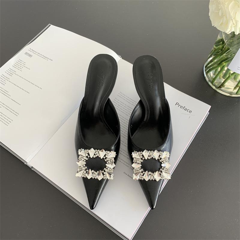 French High Heeled Design Bag Head Half Slippers Square Buckle Rhinestone Outer Wear Pointed Thin Heel Spring And Summer Half Support Single Shoes