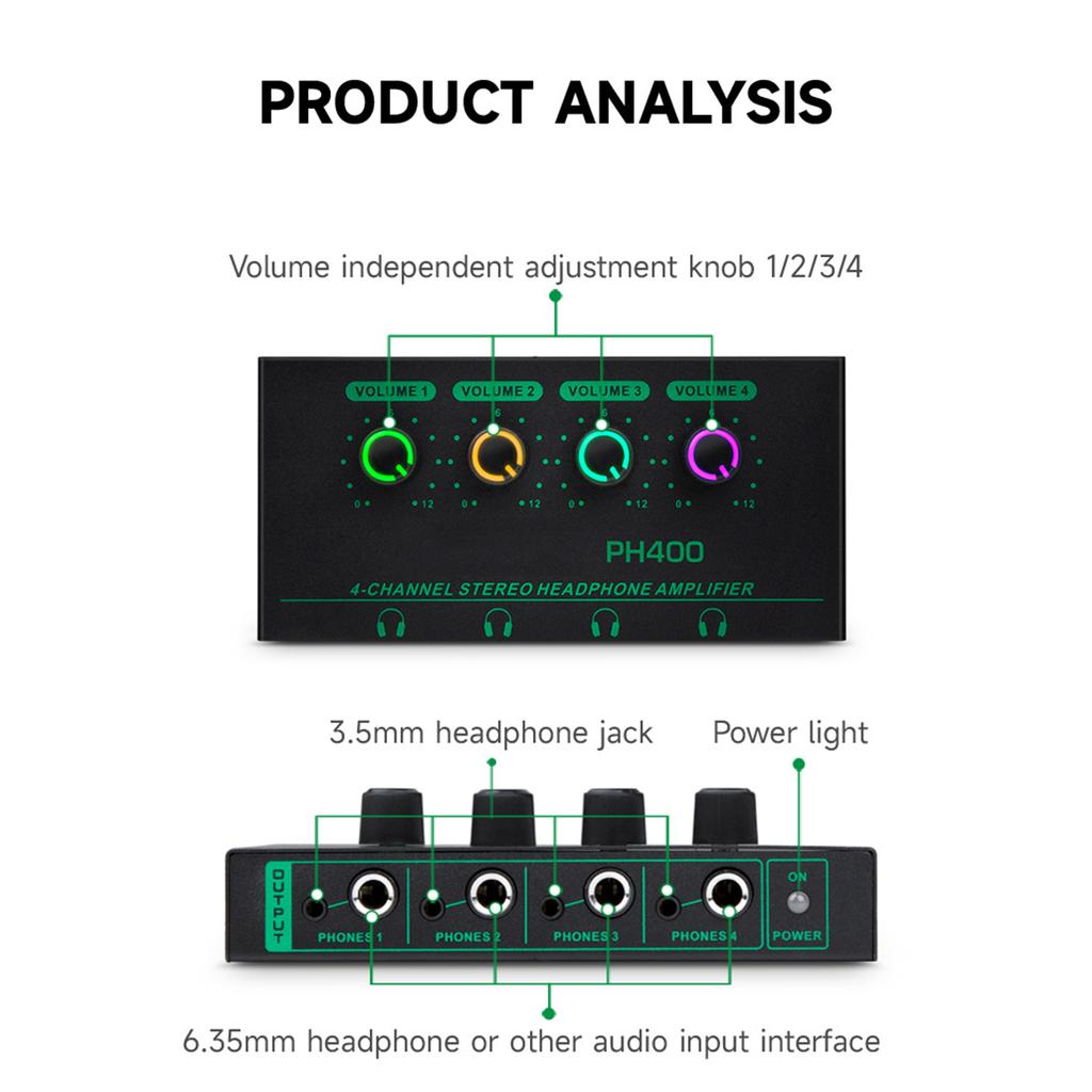 Kulaklık Amplifikatörü 4 Kanal Metal Stereo Ses Amplifikatörü Kulaklık Ayırıcı Bağımsız Ses Kontrolü LED Göstergesi