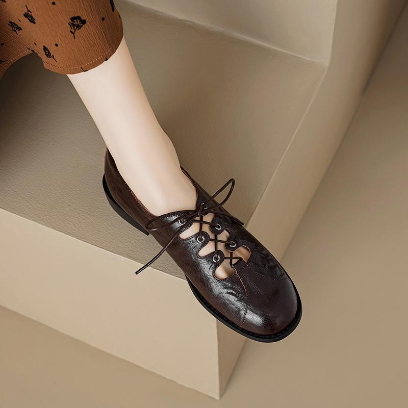 

Ретро туфли на низком каблуке из маленькой кожи женские 205 новая весна-осень круглый носок глубокий вырез шнуровка одинарные туфли универсальные 39 коричневый