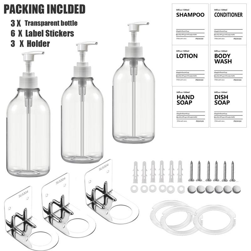 Dozator de șampon și balsam transparent de 500 ml pentru sticle de săpun de duș cu montare pe perete cu etichete Reumplere dozatoare de spălat corporal pentru baie, bucătărie