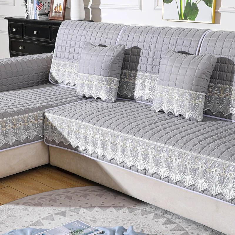 Candy Color Sofa Cover Quilted Thicken Cushion White Lace Embroidery Couch Sofa Towel Slipcover Living Room Furniture Protector