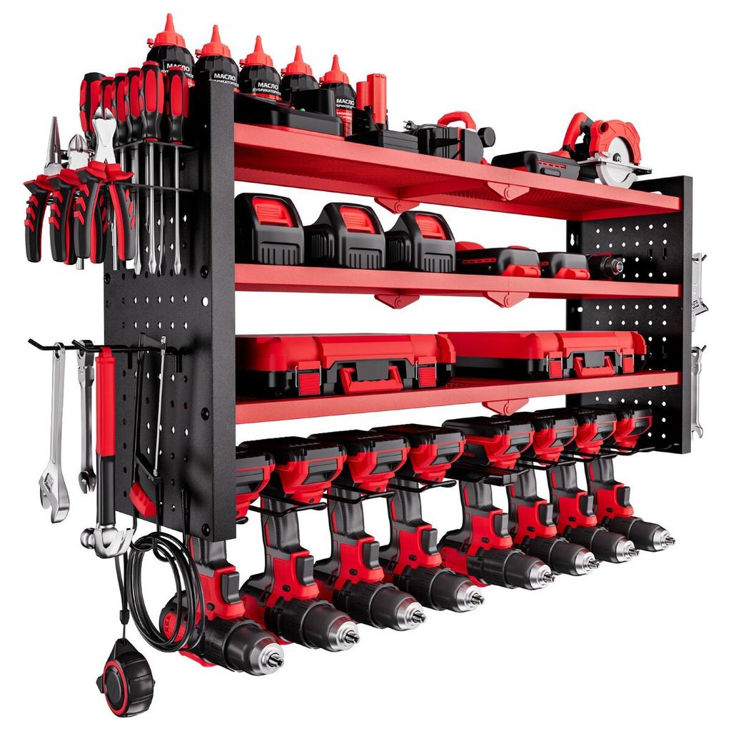 Power Tool Organizer Wall Mount, 4-Layer Storage Rack with 8 Drill Holders, Tools Holder and Storage Rack with Side Pegboards, Garage Tool Organizer