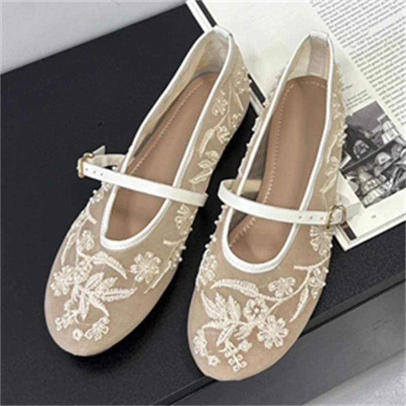 Sandali da Donna a Tacco Basso con Tessuto a Rete, Punta Tonda e Cinturino con Fibbia, Sandali da Donna Designer Ricamati Mule Scarpe Zapatos De Mujer