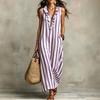 Damen Gestreiftes Baumwoll-Leinen Maxikleid Ärmellos Rüschen V-Ausschnitt Langes Kleid Boho Strand Fließendes Sommerkleid mit Taschen