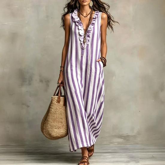 Damen Gestreiftes Baumwoll-Leinen Maxikleid Ärmellos Rüschen V-Ausschnitt Langes Kleid Boho Strand Fließendes Sommerkleid mit Taschen