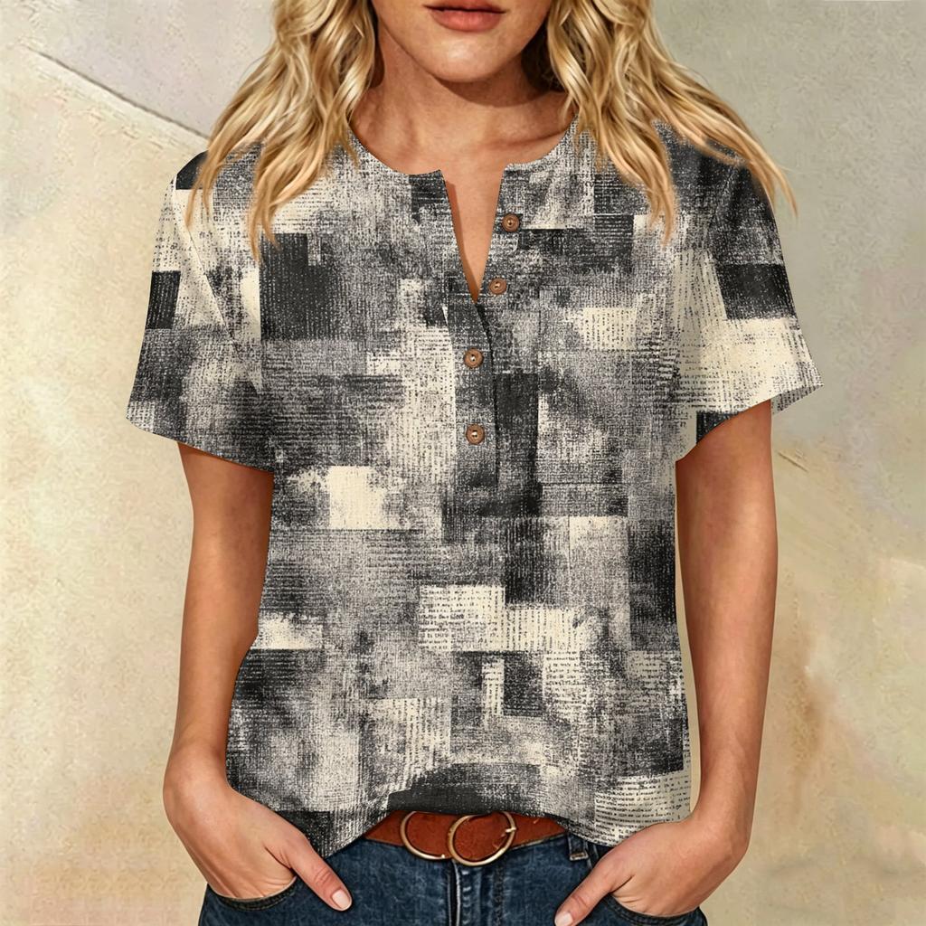 Damen Kurzarm Baumwoll-Leinenhemd mit Modischem Print Henley Knopfleiste und Brusttasche Lockerer Schnitt Lässiges Oberteil