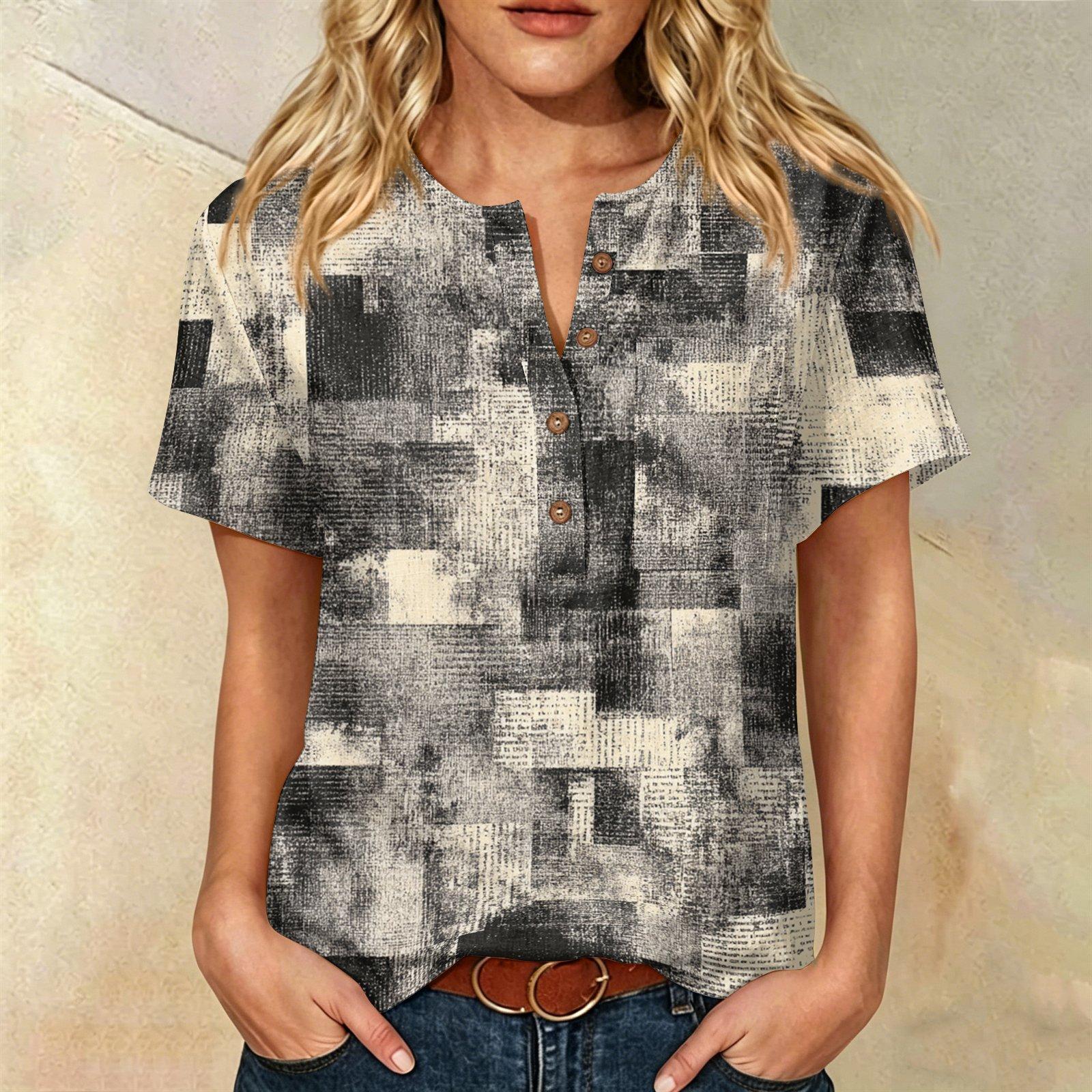 

Women’s Casual Abstract Print Henley Neck Short Sleeve Cotton Linen Shirt with Chest Pocket Loose Fit Blouse for Daily Wear XXL