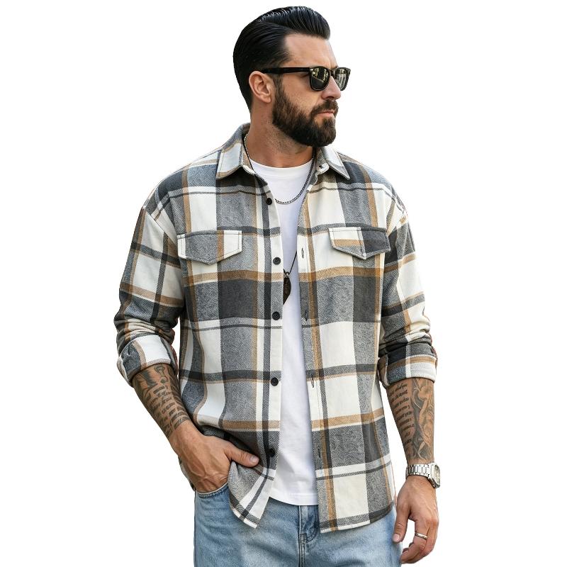 Herren Flanellhemden Lässig Button-Down Karomuster Hemdjacke Langarmhemden mit Taschen Normale Passform Arbeitshemd Outfit für Männer