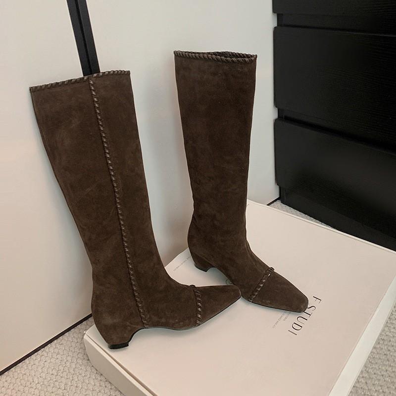 5.5cm Pointed Toe Chunky Knee High Boots Women Fall Winter Fashion Slim Fit Riding