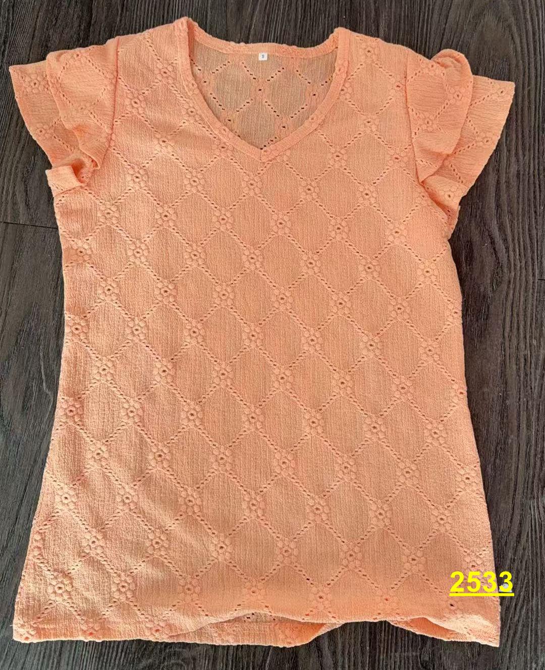 

Женская одежда 2025 весна-лето новая однотонная футболка с V-образным вырезом и короткими рукавами ажурный топ XXL