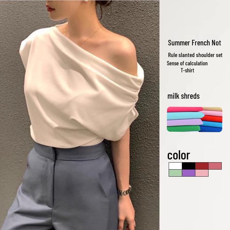 Korean Chic 2025 Summer French Irregular One-Shoulder Loose Pullover T-shirt