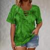 Nova Camiseta Tie Dye Estampada para Mulheres Plus Size, Gola V, Manga Curta, Top Casual de Verão com Cadarço para Mulheres
