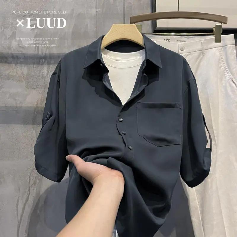 Men Half Sleeve Shirt Loose Collared Button Down Casual Chiffon Blouse