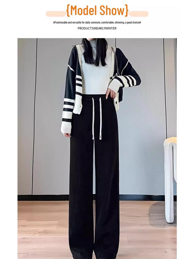 Women's 2024 Chenille Wide-Leg Floor-Length Black Pants - Autumn/Winter Style
