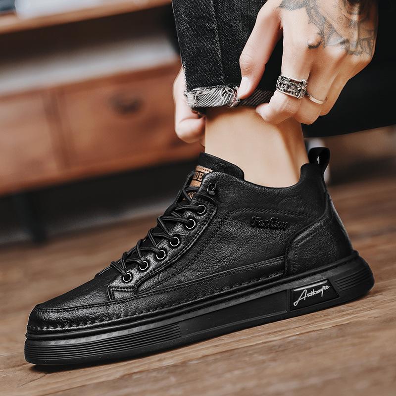 Four Seasons Casual Leather Shoes Solid Color All Black Zhongbang Flat Shoes Non-slip and dirt-resistant labor insurance shoes
