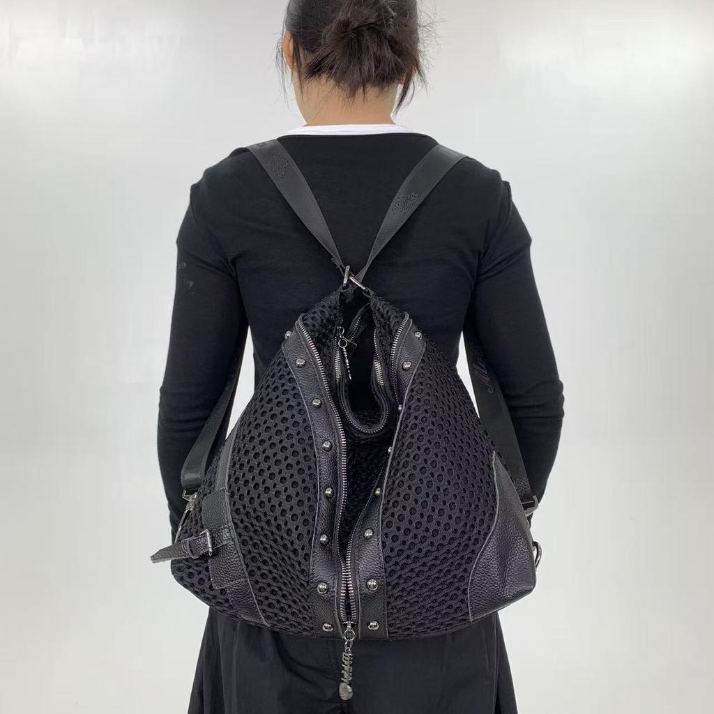 Ladies' Fashion Mesh Splicing Y2K Street Shoulder Bag Large Capacity Multi Functional Riveted Shoulder Bag