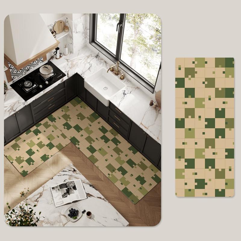 Kitchen Floor Mat Non-slip Waterproof Oil-proof Carpet PVC Leather Lattice Geometric Pattern Rug Long Ruler Home Decoration Mats
