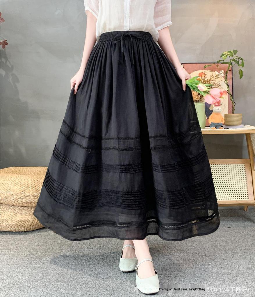 2026 Spring/Summer Women's Romantic Pleated Ramie Skirt with Elastic Waist - Artistic Retro Style