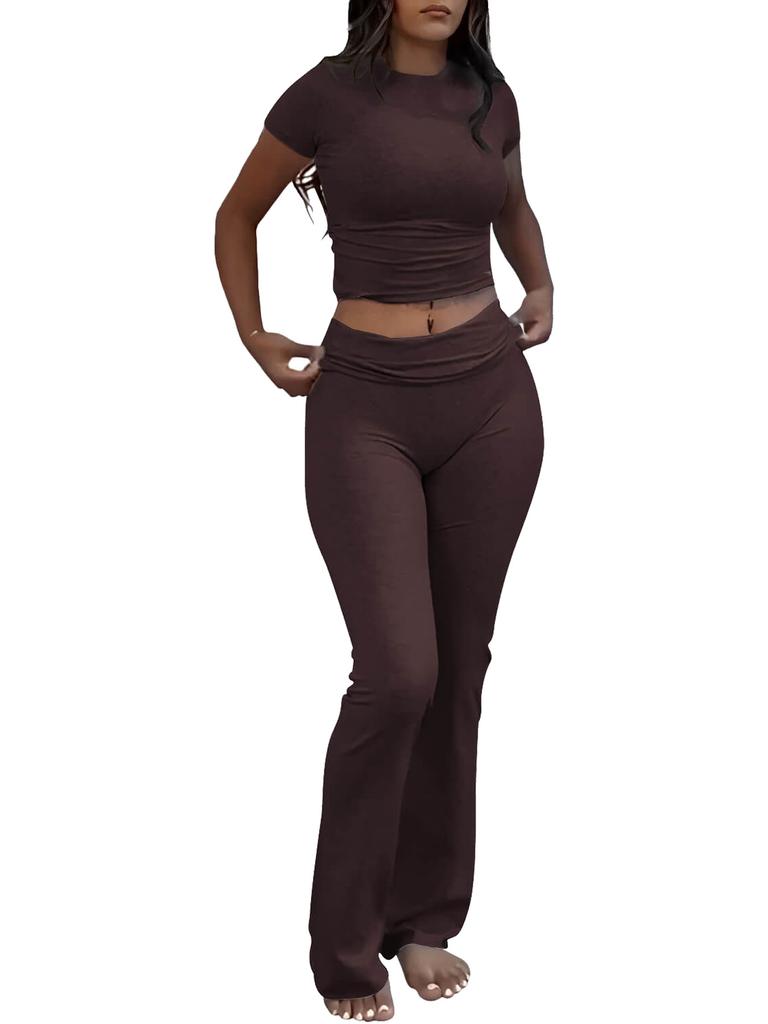 Women's Two Piece Workout Set Crewneck T-Shirt Low Waist Flare Pants Tracksuit