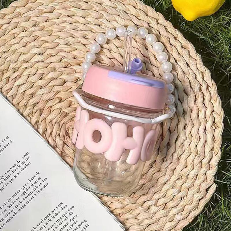 Drinking Cup Transparent Glass High Value Anti-Scalding Cute Straw Cup Pearl Bracelet Letter Water Cup