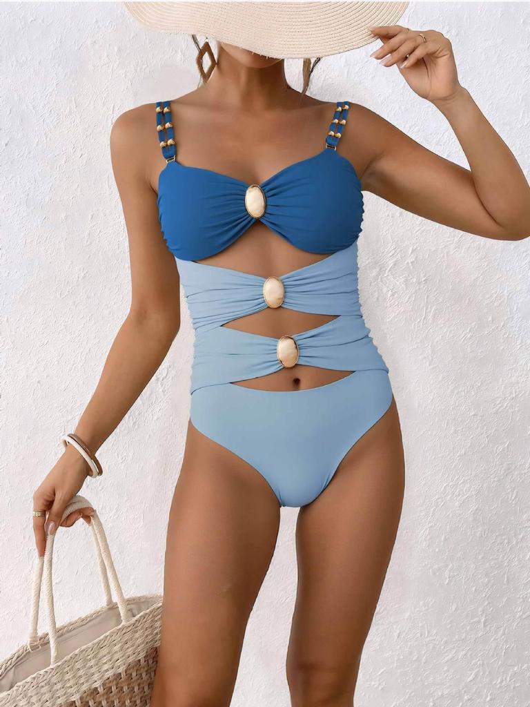 2026 Patchwork Metal Buckle Bestseller Women's One-Piece Swimsuit - European and American Beach Style