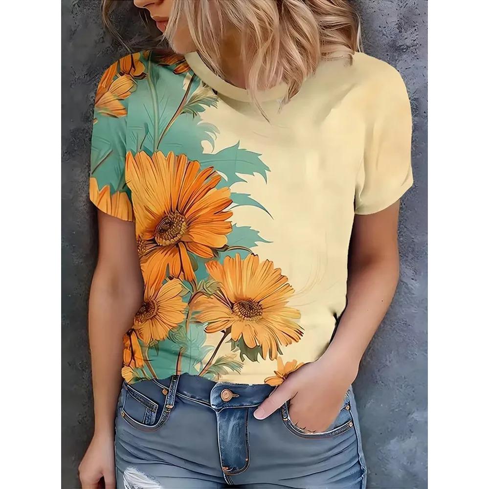 Sommer Mode T-Shirt Blume 3D Gedruckt Kurzärmeliges T-Shirt Modisch Bequem Weich Atmungsaktiv Groß Locker Damen T-Shirt