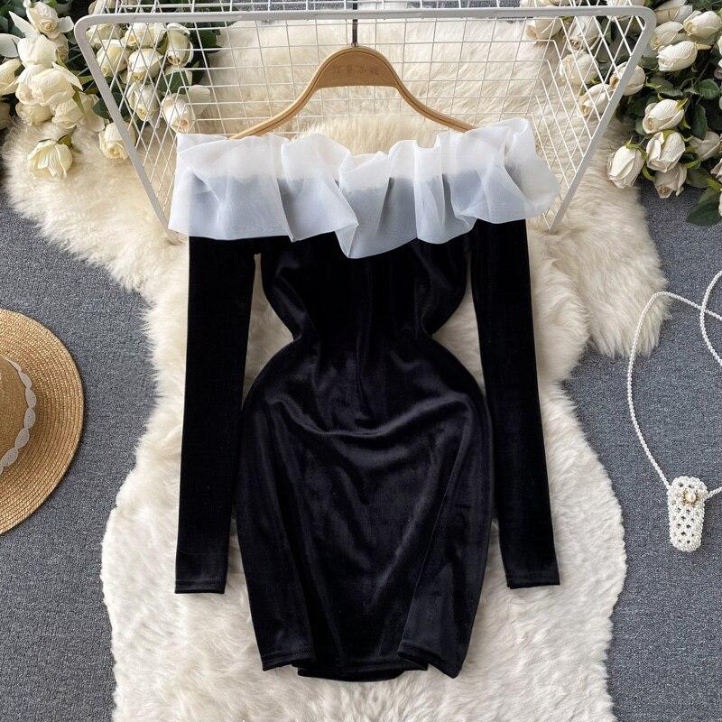 

Корейский маленький благовонный ветер Французский элегантный цвет столкновений с вышивкой на плечах Бархатное тонкое платье на бедрах