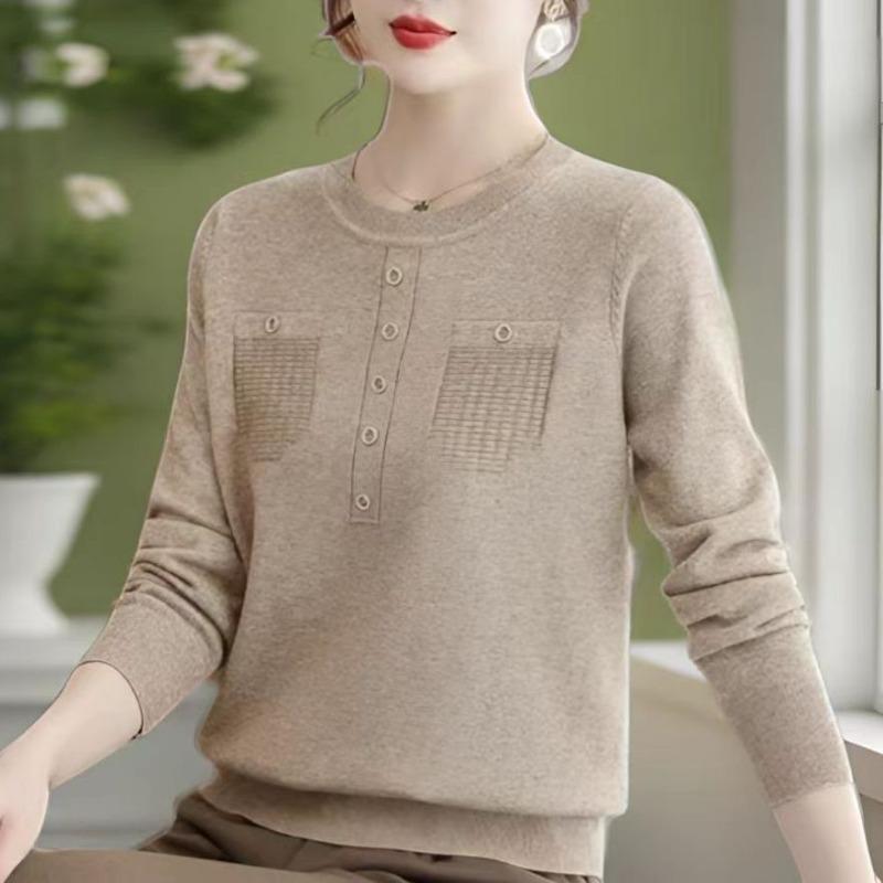 Nowy Wiosenno-Jesienny Luźny Sweter Dzianinowy Okrągły Dekolt Modny Wszechstronny Dzianinowy Top z Długim Rękawem Koszulka Bazowa dla Matki