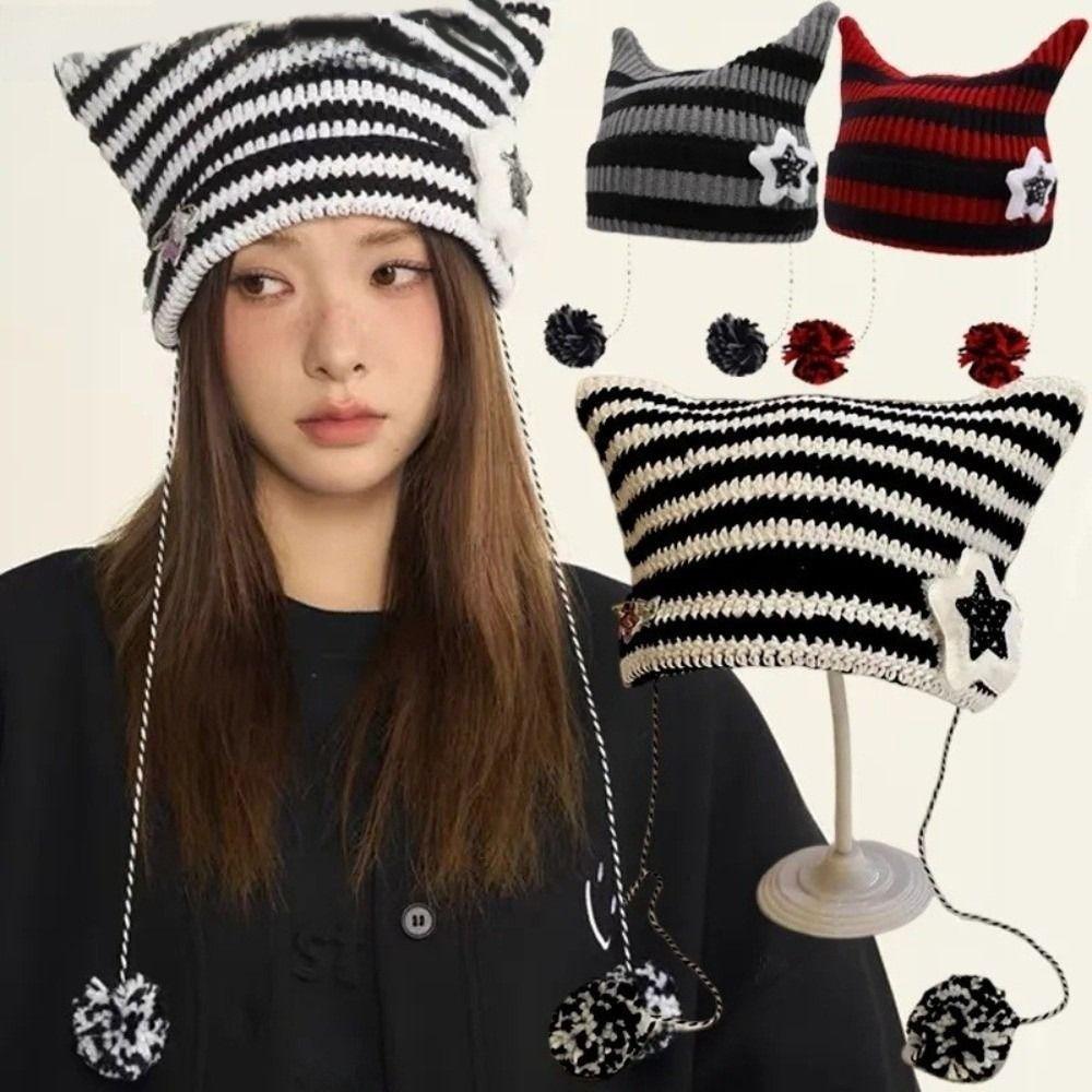 Y2K Cat's Ears Knitted Hat Star Warm Cap Fashion Slouchy Knitted Beanies Cycling