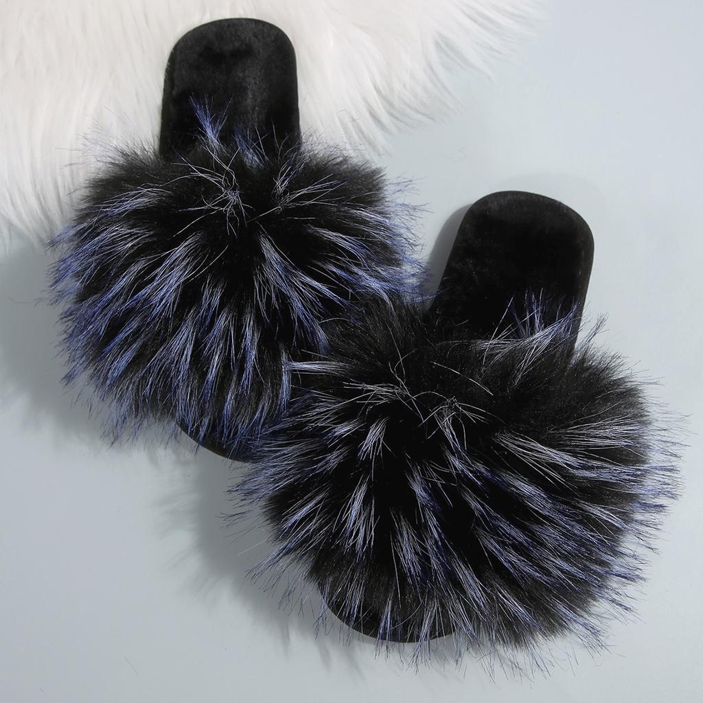 Fashion Brand Design Mix Color Furry Slippers Women Fluffy Fur Comfort Soft Sole Indoor Slippers Warm Faux Fur Woman Shoes 2025 Winter