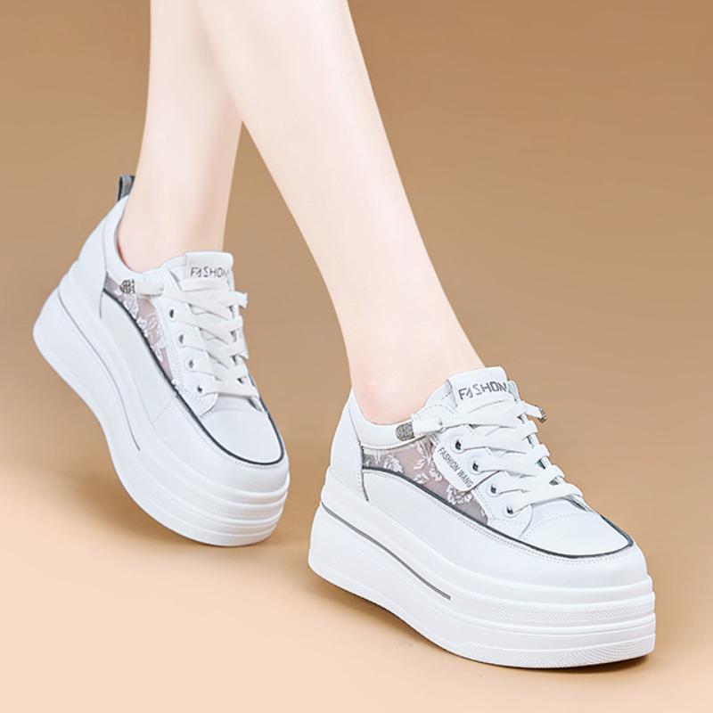 Białe buty na grubej podeszwie dla kobiet, Wiosenne sportowe buty codzienne, Uniwersalne płaskie buty podwyższające dla kobiet